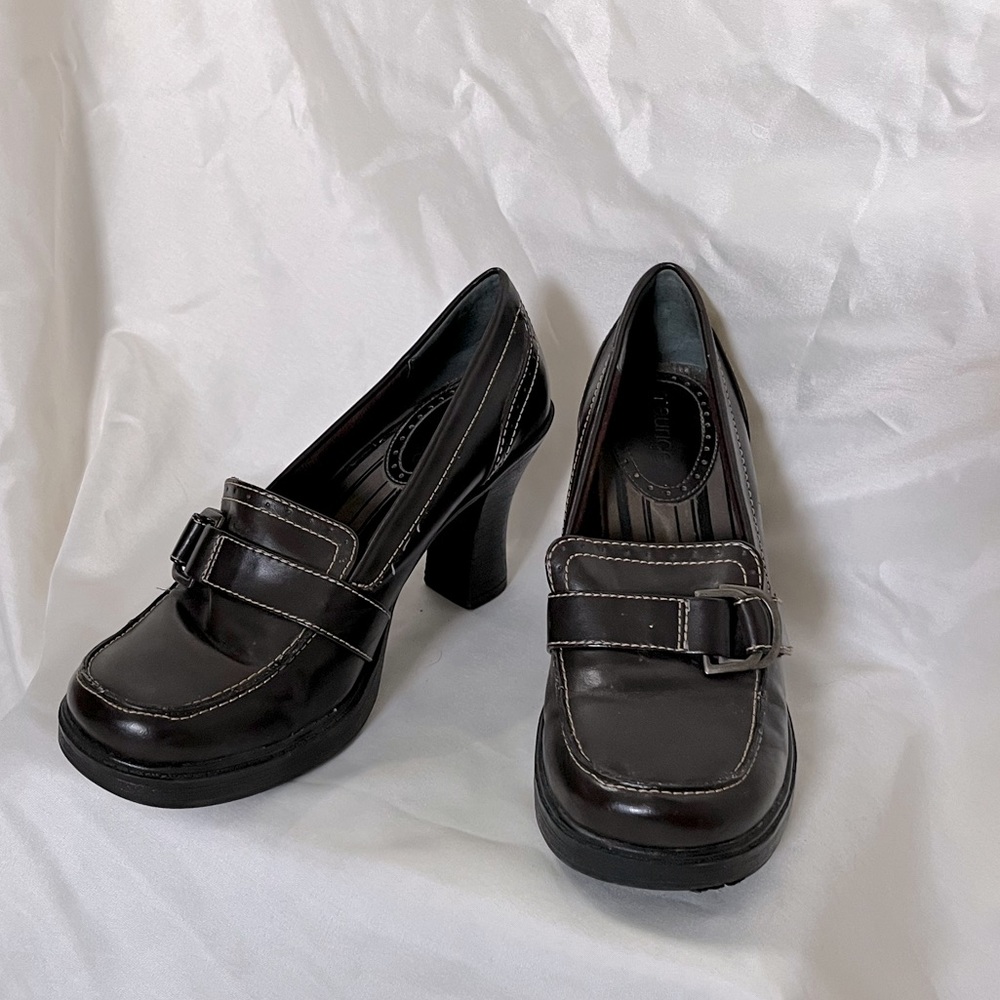 📖 Square Toe Leather Buckle Loafer Heels